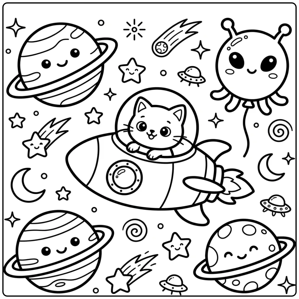 Een schattige kleurplaat kat makkelijk in de ruimte.