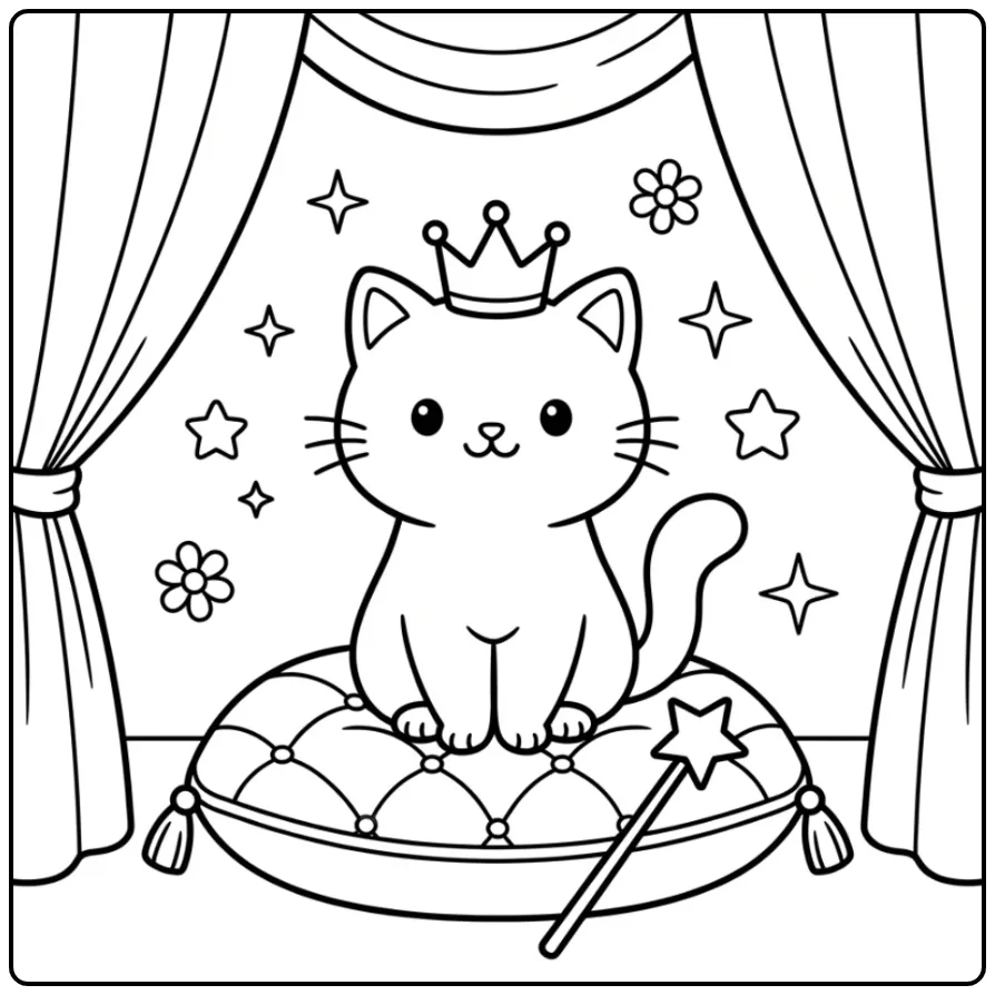 Kleurplaat kat makkelijk: kitten met kroon op een kussen.