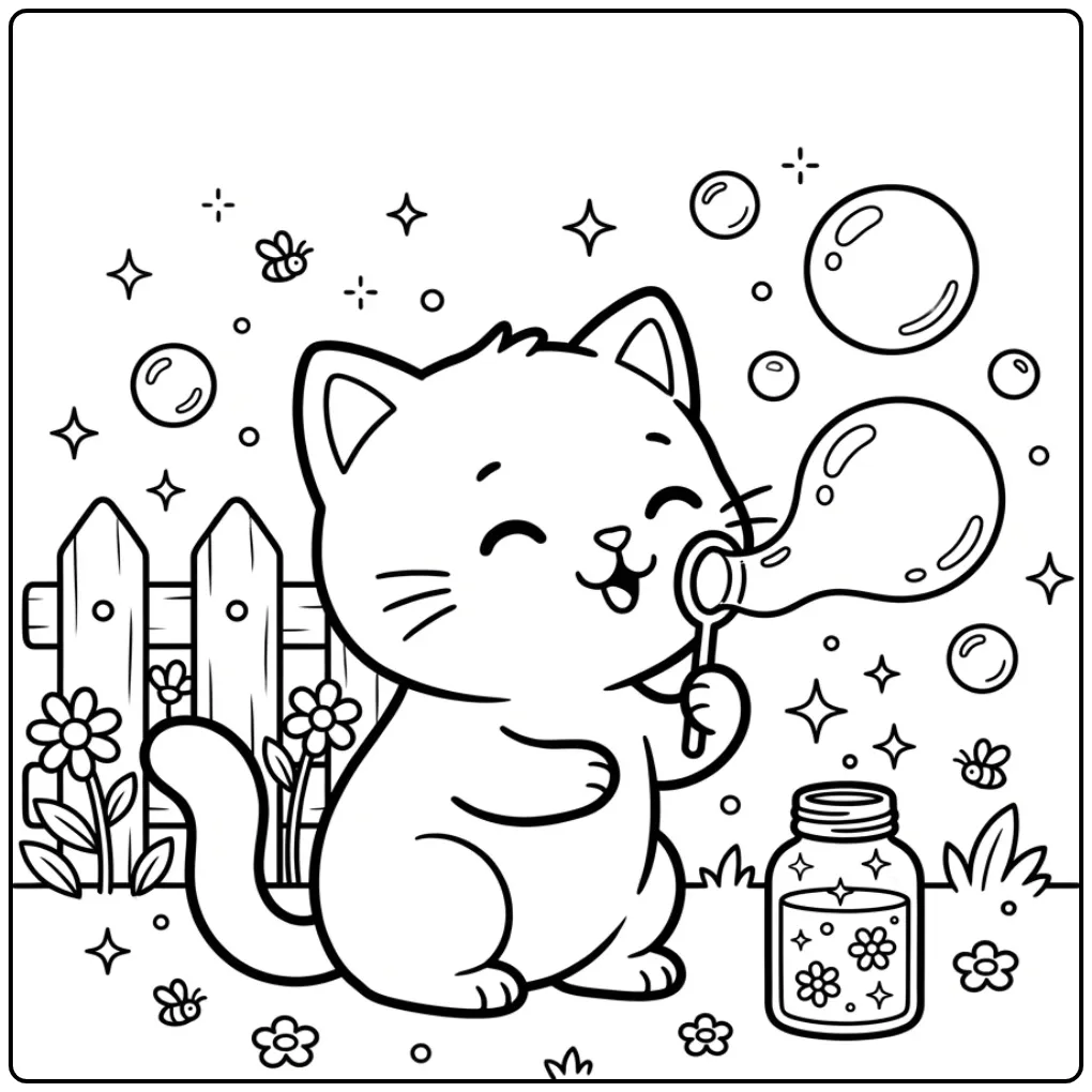 Schattige kleurplaat kat makkelijk met grote zeepbellen.