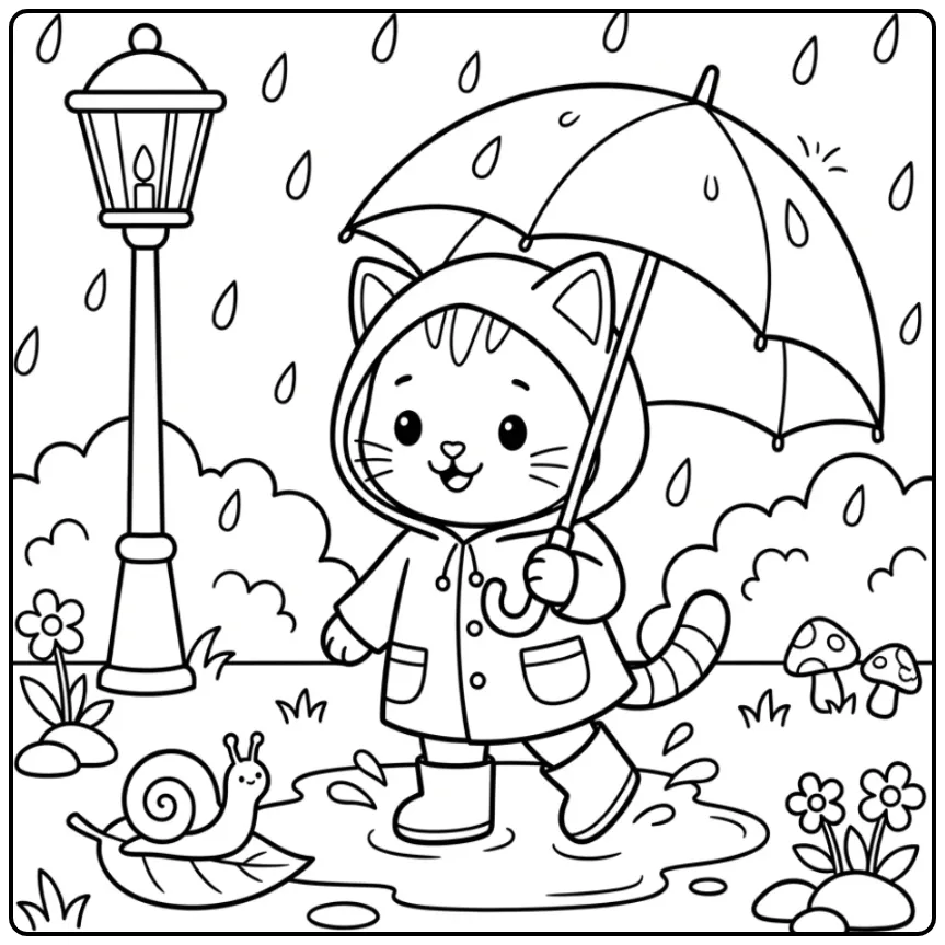 Kleurplaat kat makkelijk: kitten met paraplu in de regen.