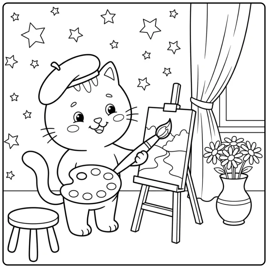 Schattige kleurplaat kat makkelijk met schildersezel en kwast.