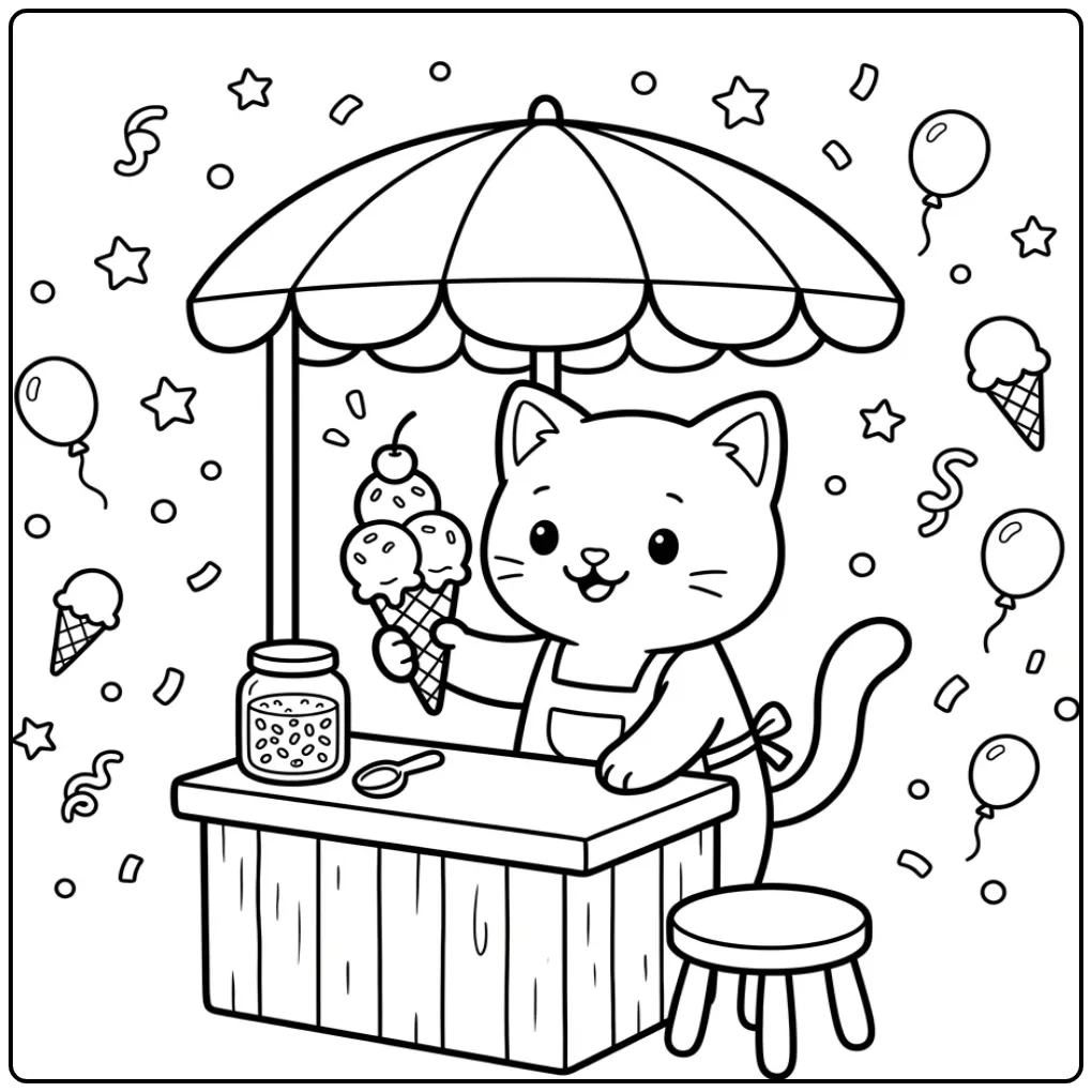 Schattige kleurplaat kat makkelijk met een lekker ijsje.