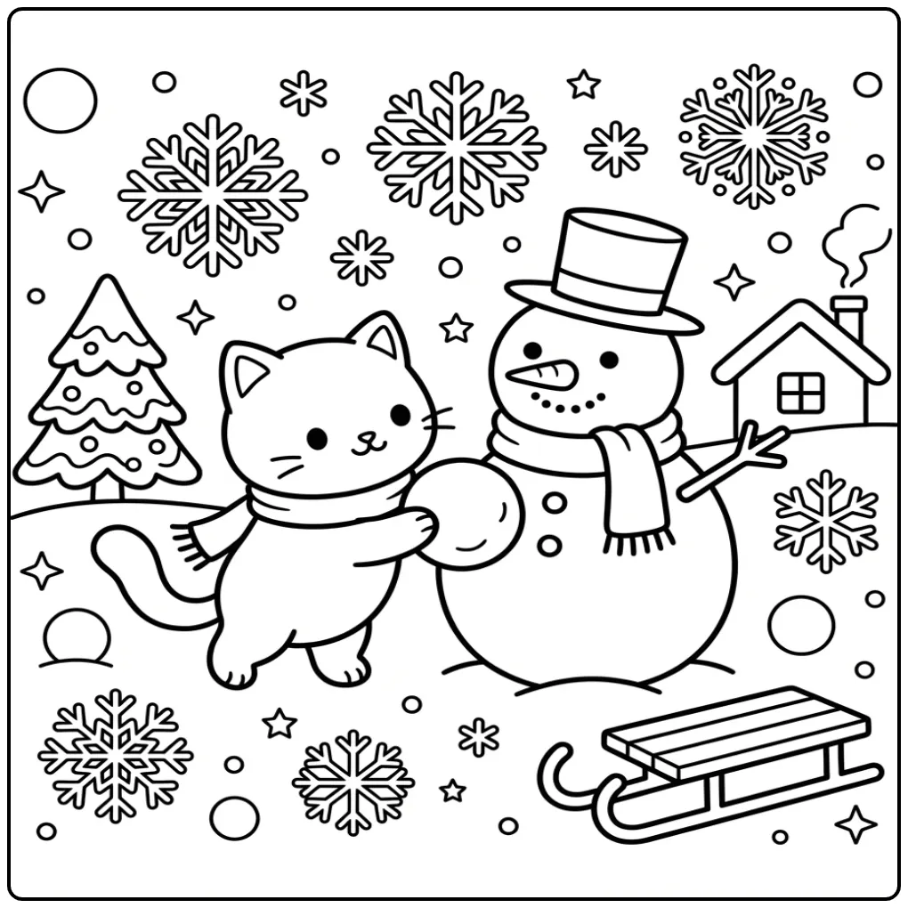 Een schattige kleurplaat kat makkelijk met een sneeuwpop.