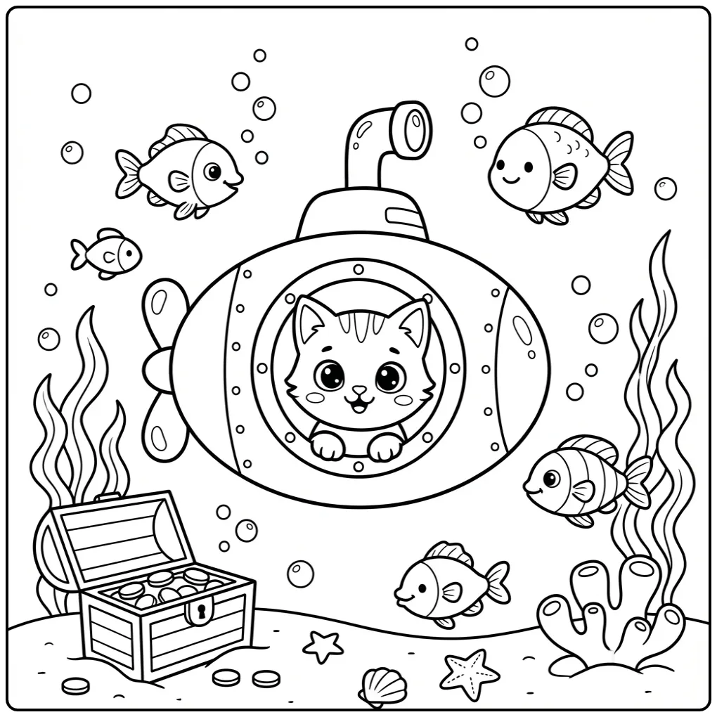 Schattige kleurplaat kat makkelijk in een duikboot onder water.