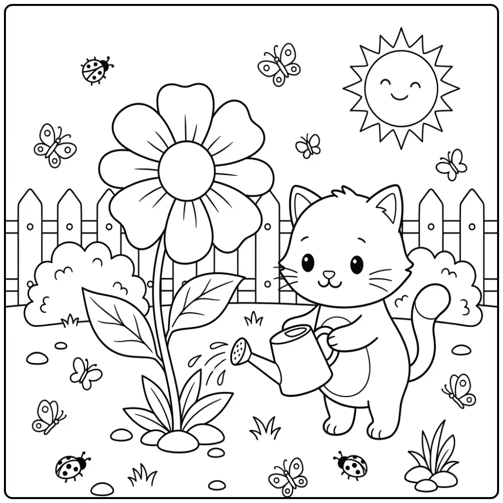 Schattige kleurplaat kat makkelijk die een bloem water geeft.