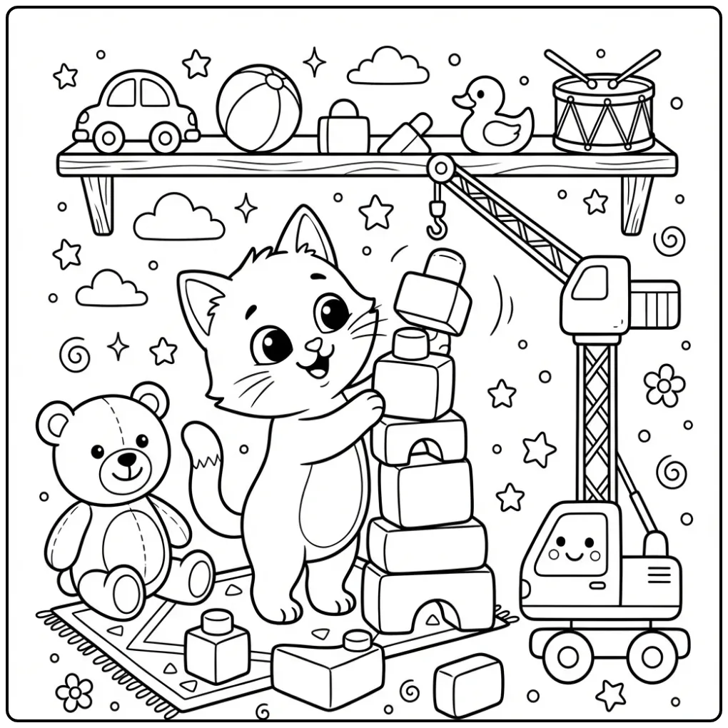 Schattige kleurplaat kat makkelijk met een toren blokken.