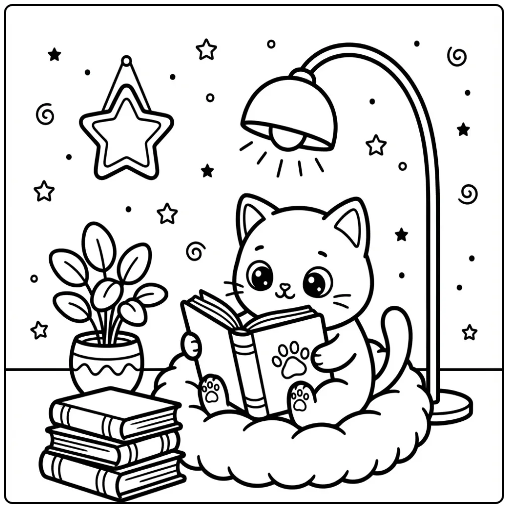 Schattige kitten kleurplaat kat makkelijk met boek.