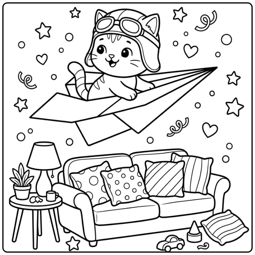 Schattige kleurplaat kat makkelijk vliegend op papier.