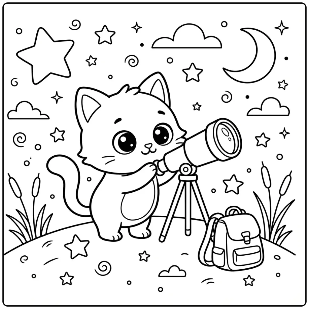 Een schattige kleurplaat kat makkelijk kijkt naar de maan.
