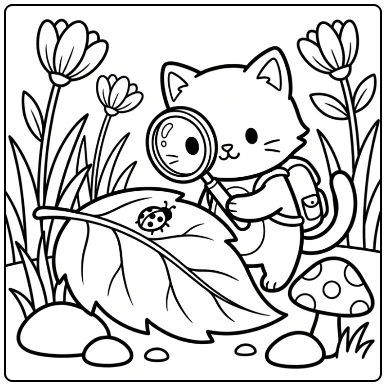 Schattige kleurplaat kat makkelijk met rugzak en vergrootglas.