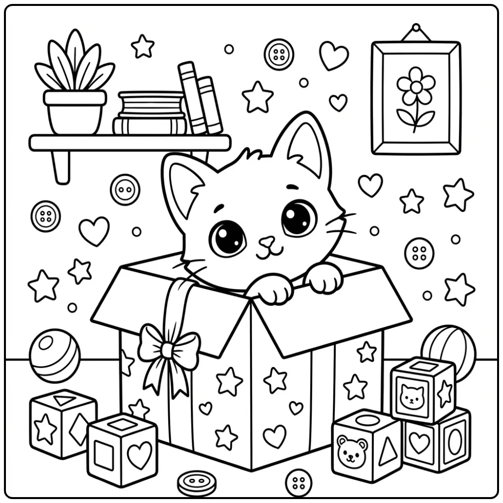 Een kleurplaat kat makkelijk met een kitten in een doos.