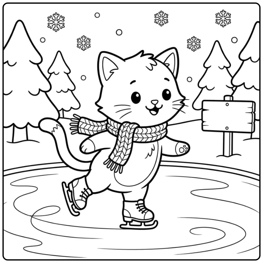 Een schattige winterse kleurplaat kat makkelijk op schaatsen.