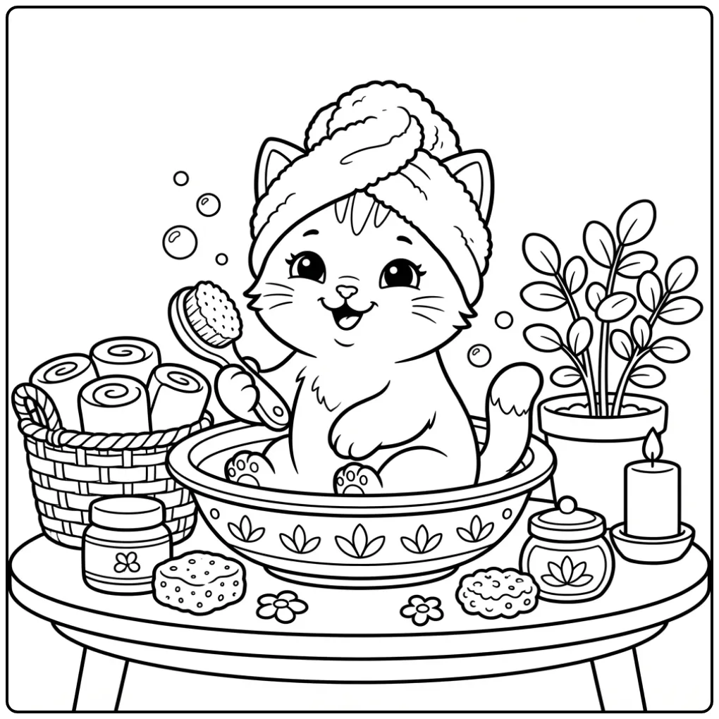 Kleurplaat kat makkelijk van een ontspannen spa kitten.