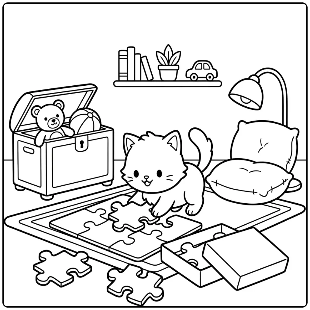 Een schattige kleurplaat kat makkelijk met grote puzzel.
