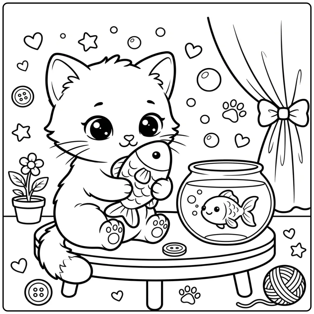 Schattige kleurplaat kat makkelijk met viskom en speeltje