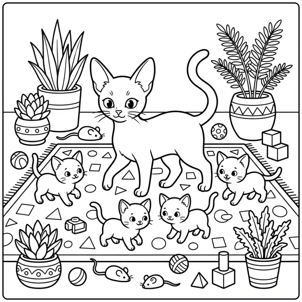 Een schattige kleurplaat kat met kittens die spelen.