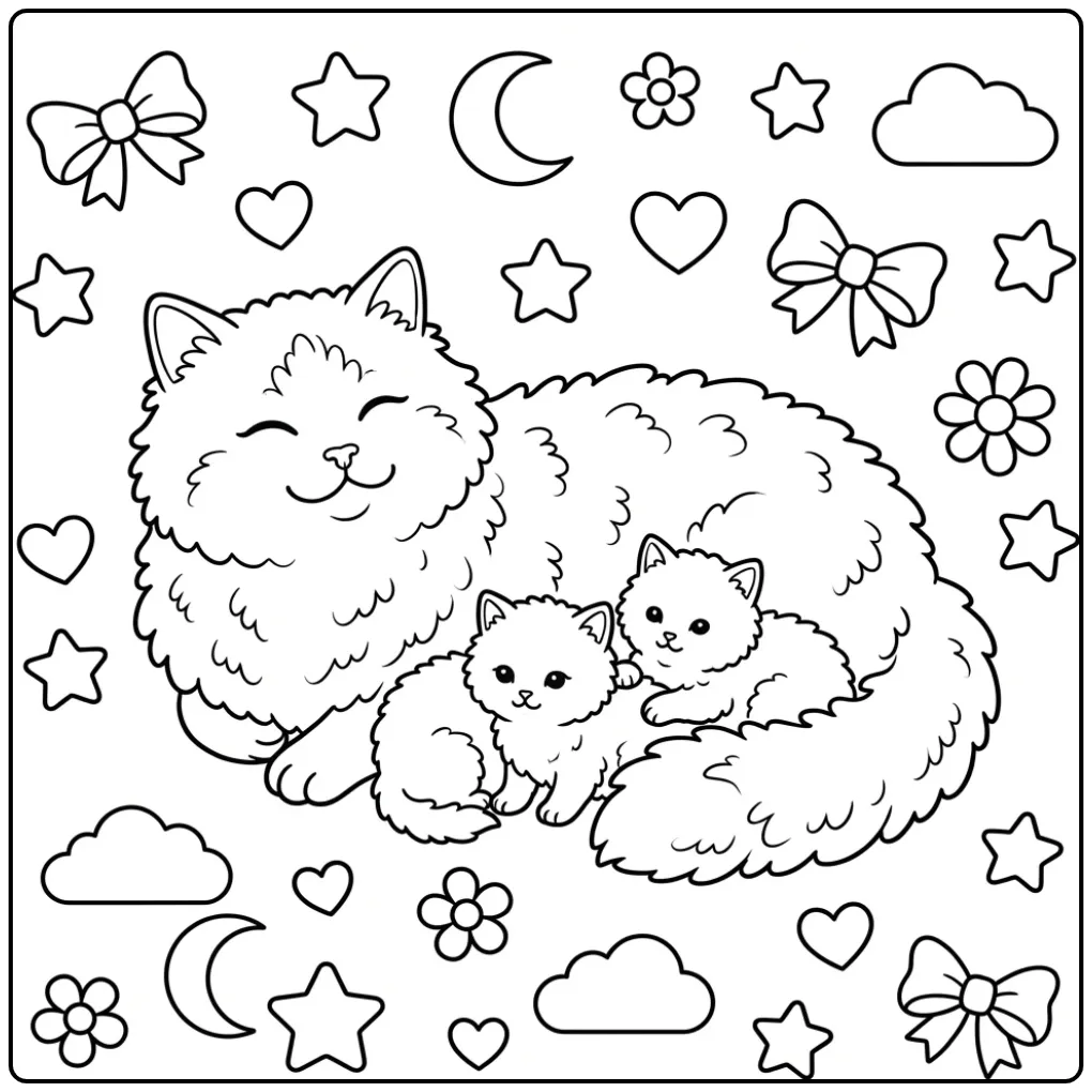 Schattige kleurplaat kat met kittens en strikjes.