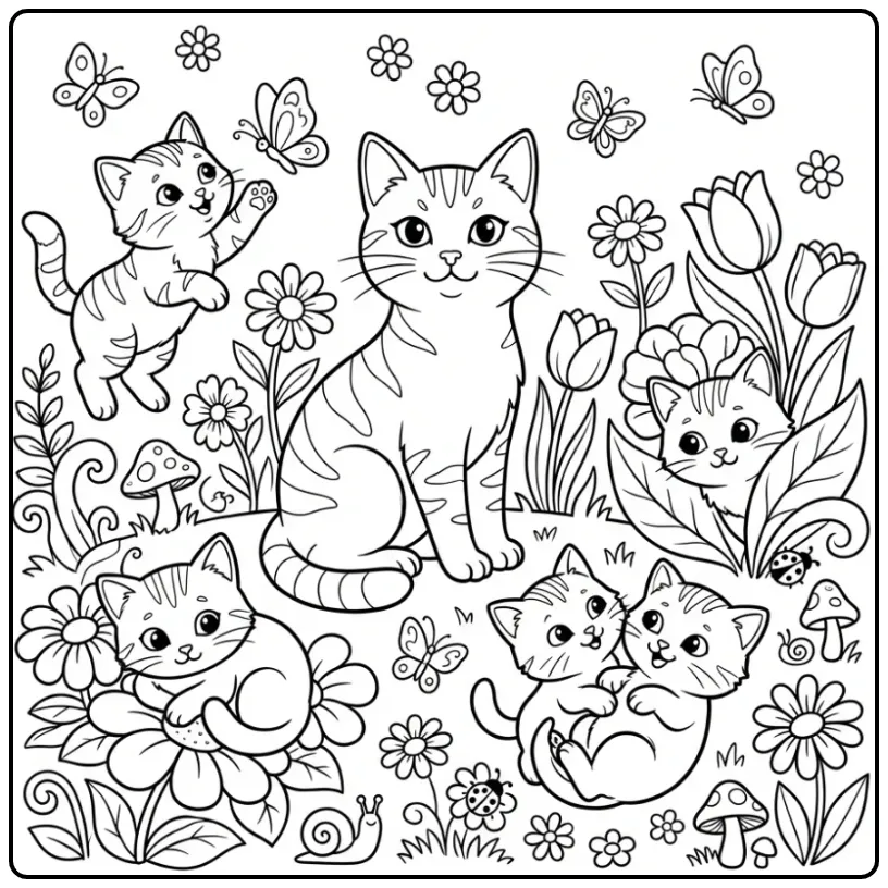 Leuke kleurplaat kat met kittens en vlinders in de tuin.
