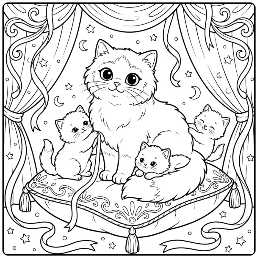 Schattige kleurplaat kat met kittens op een zacht kussen.