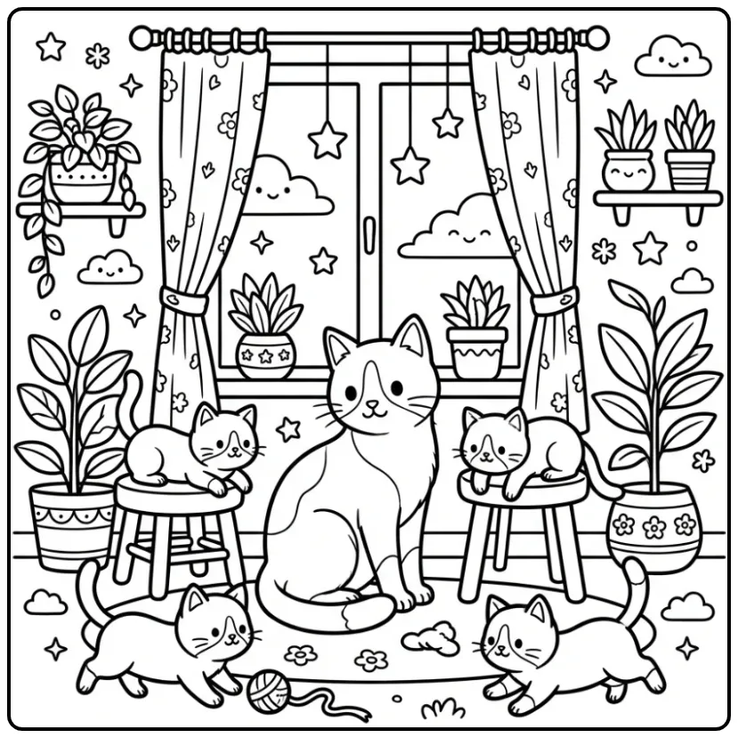 Schattige kleurplaat kat met kittens bij een raam.