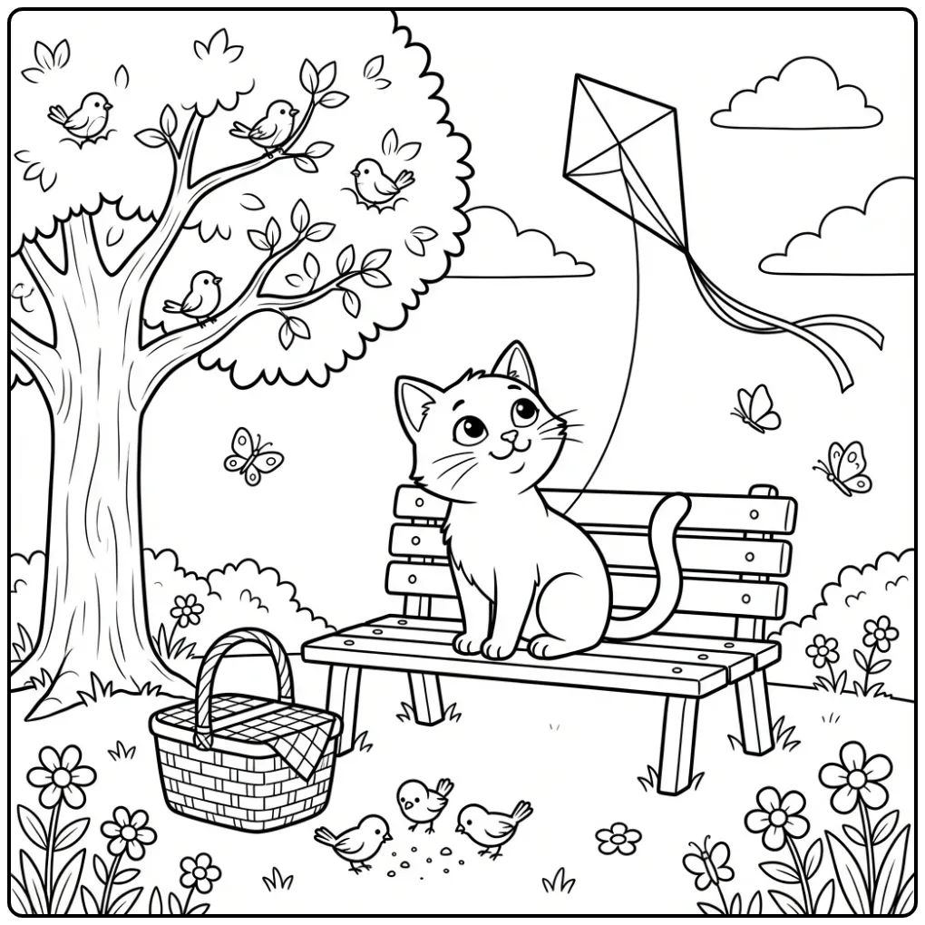 Kleurplaat kat op een bankje in het park kijkt naar vlieger.