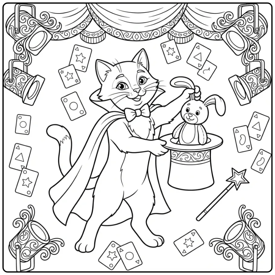 Magische kleurplaat kat moeilijk op podium met toverhoed