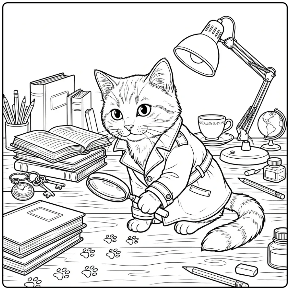 Een gedetailleerde kleurplaat kat moeilijk met vergrootglas.