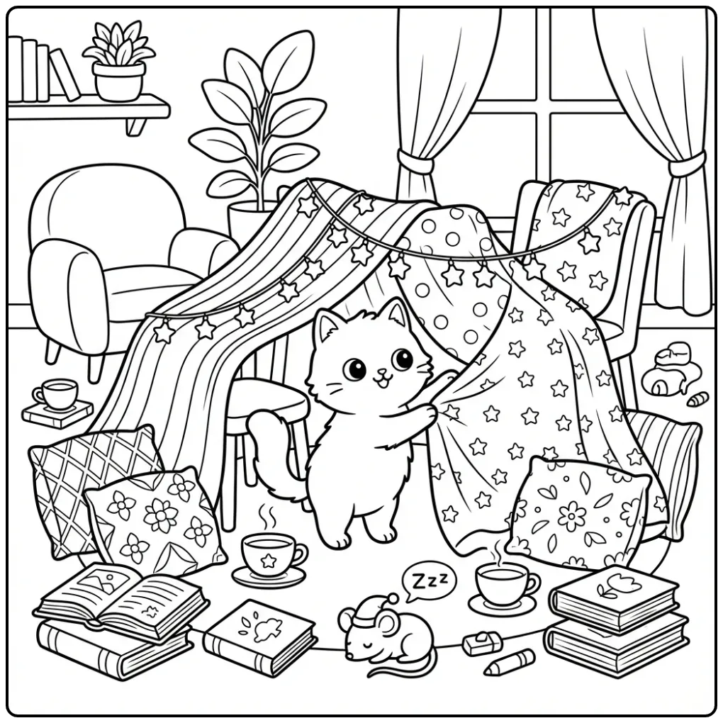 Gezellige kleurplaat kat moeilijk bouwt een fort van dekens.