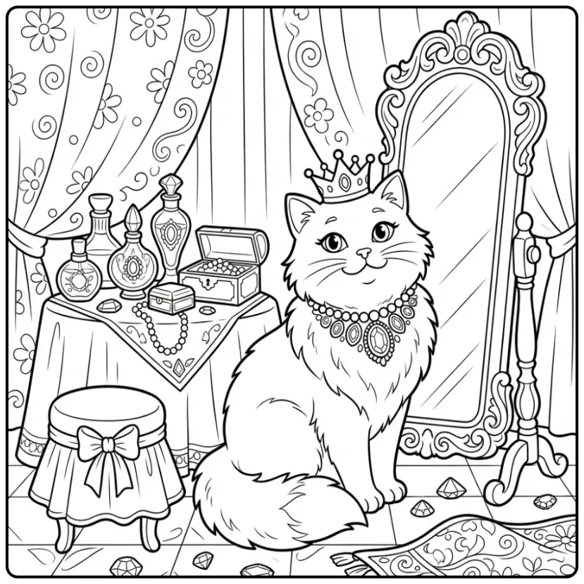 Gedetailleerde kleurplaat kat moeilijk met luxe spiegel.
