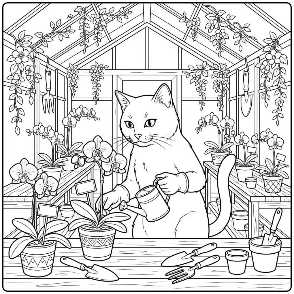 Gedetailleerde kleurplaat kat moeilijk water geven in de kas