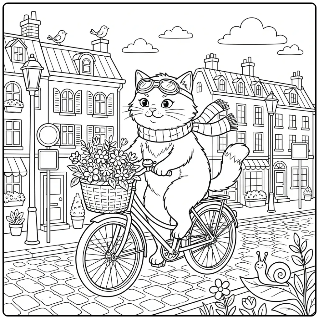 Gedetailleerde kleurplaat kat moeilijk op fiets in de stad