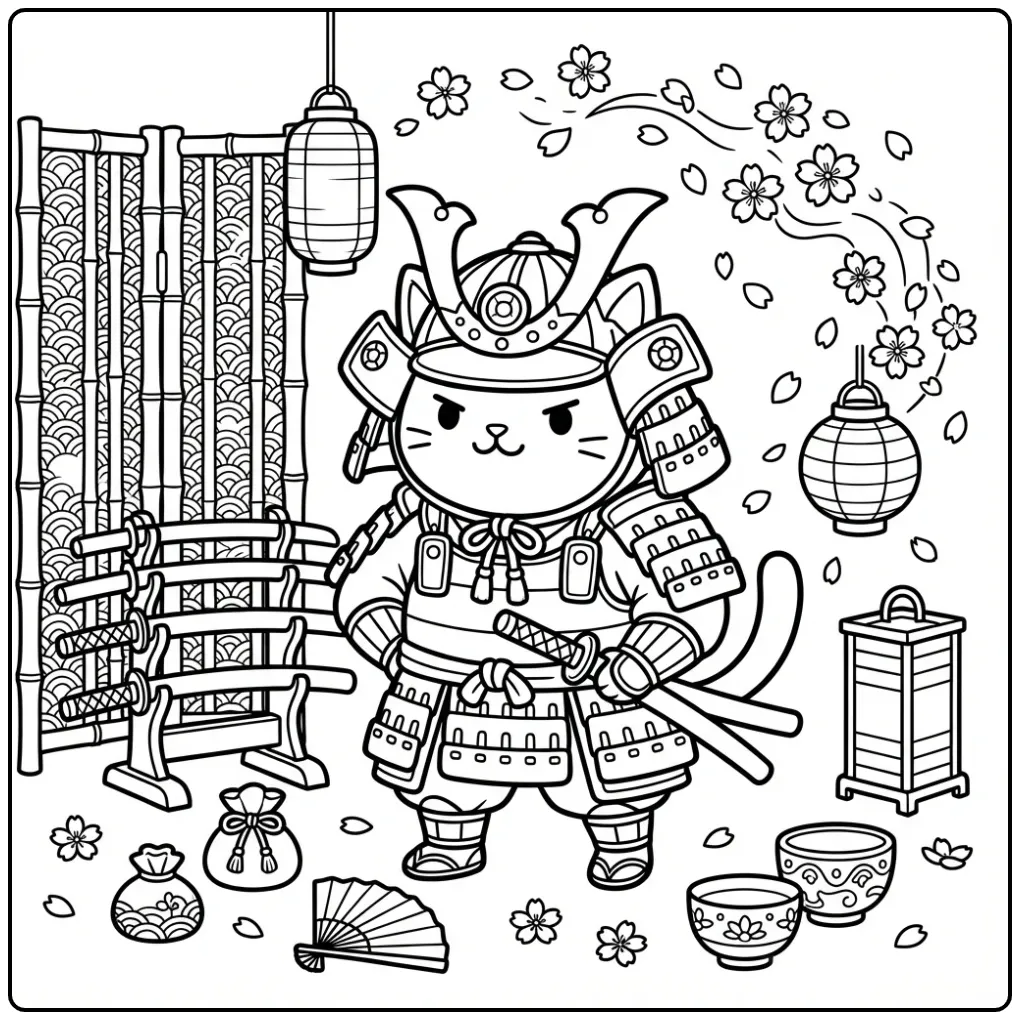 Gedetailleerde kleurplaat kat moeilijk als stoere samoerai