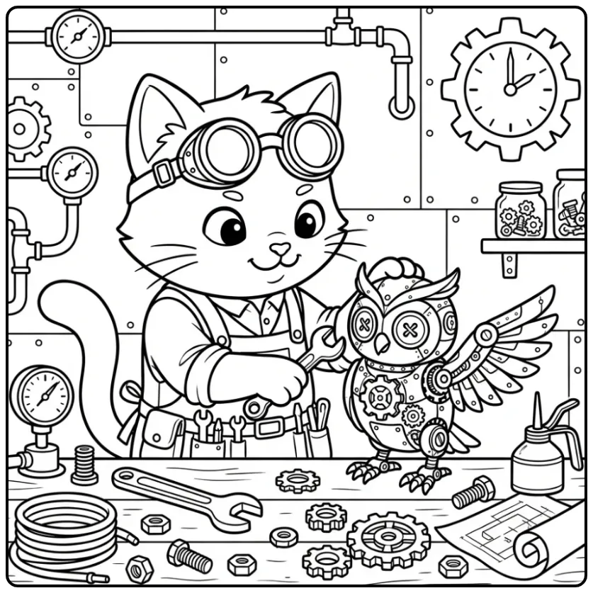 Steampunk uitvinder kleurplaat kat moeilijk met robotuil.