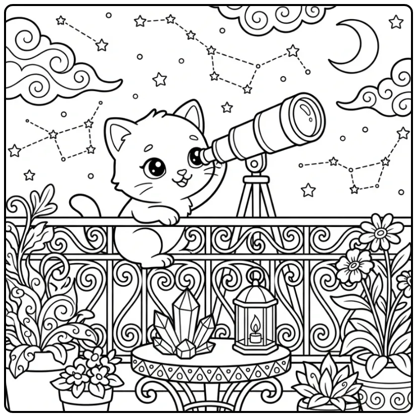 Gedetailleerde kleurplaat kat moeilijk met telescoop en sterren
