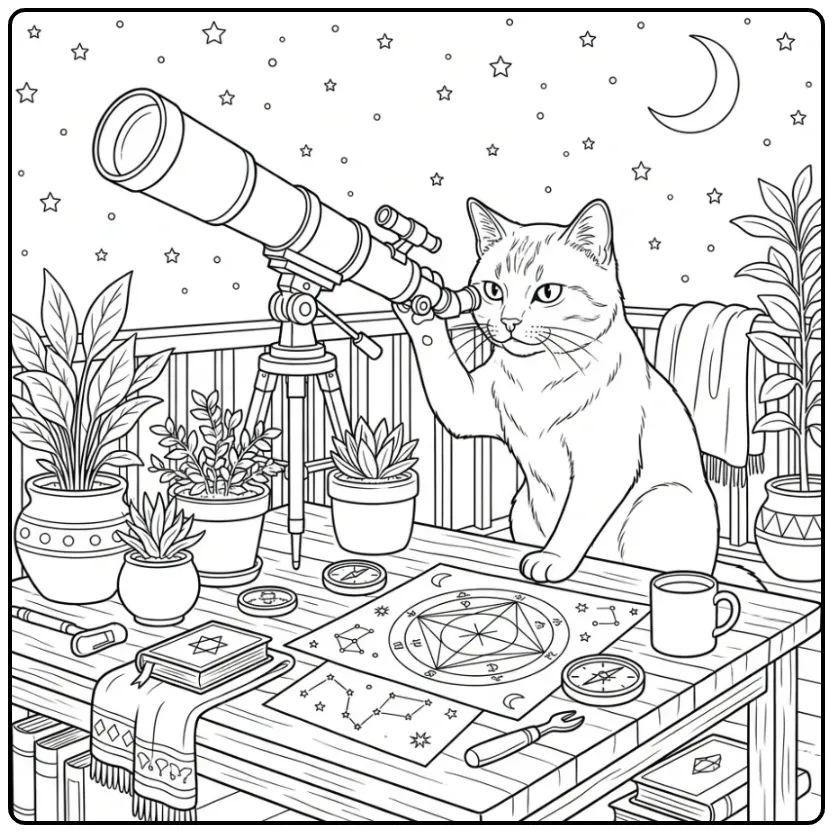 Gedetailleerde kleurplaat kat moeilijk met telescoop.