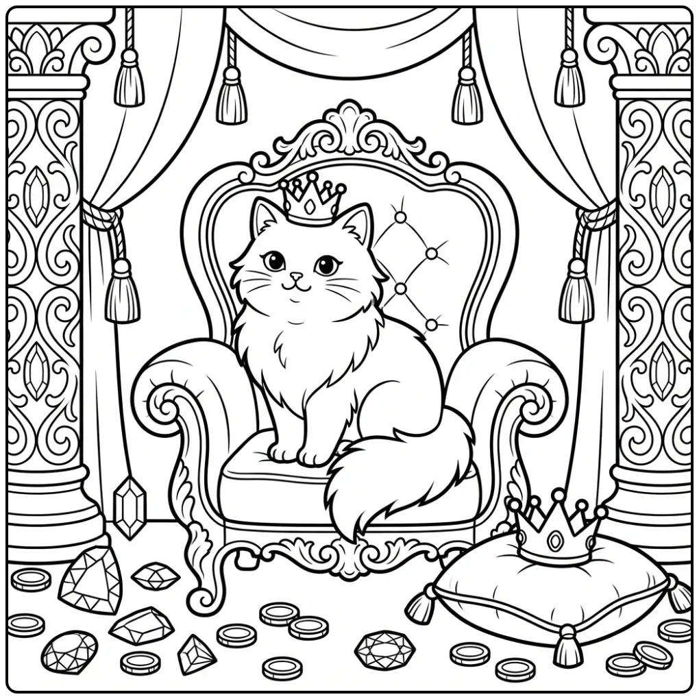 Gedetailleerde kleurplaat kat moeilijk op een troon.