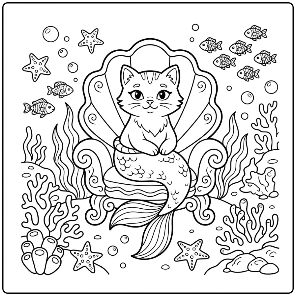 Kleurplaat kat moeilijk als zeemeermin op troon.
