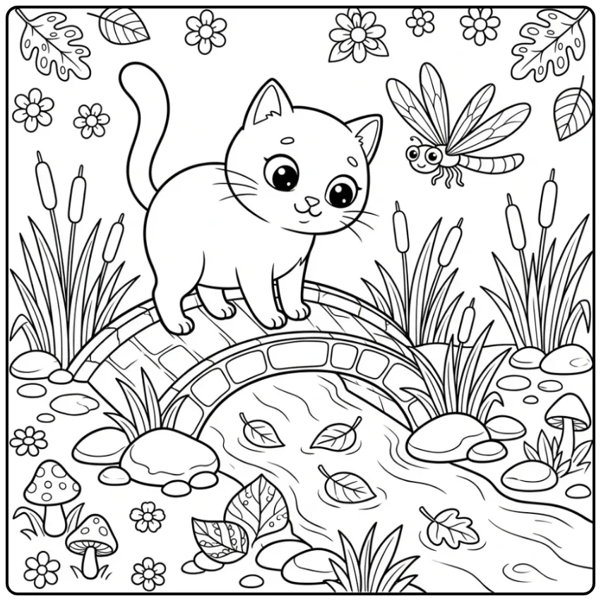 Realistische kleurplaat kat op een bruggetje bij een beekje.