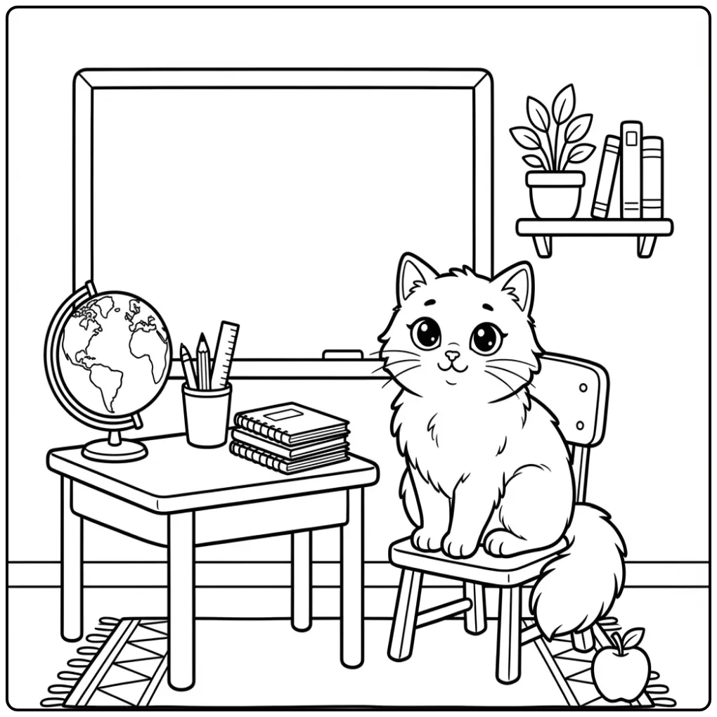 Schattige kleurplaat kat zittend op een schoolstoel aan bureau