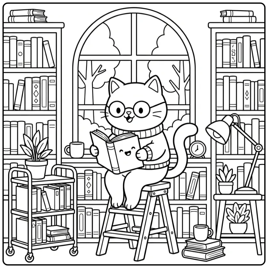 Kleurplaat kat voor volwassenen lezend op een trapje