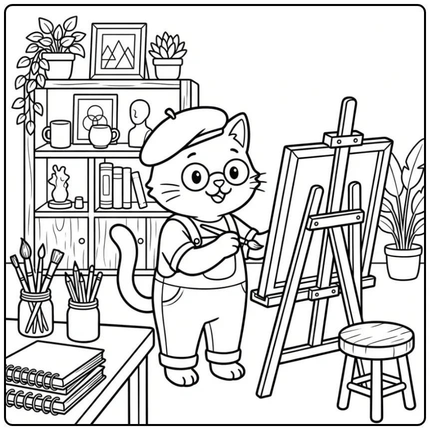 Artistieke kleurplaat kat voor volwassenen in een studio.