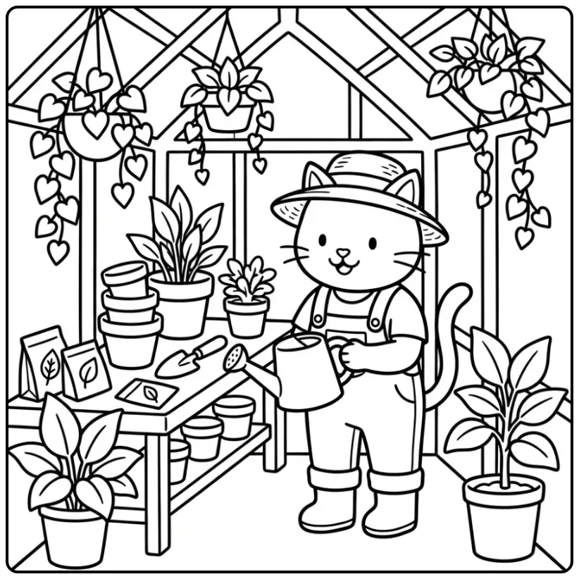 Tuinierende kleurplaat kat voor volwassenen in een groene kas.