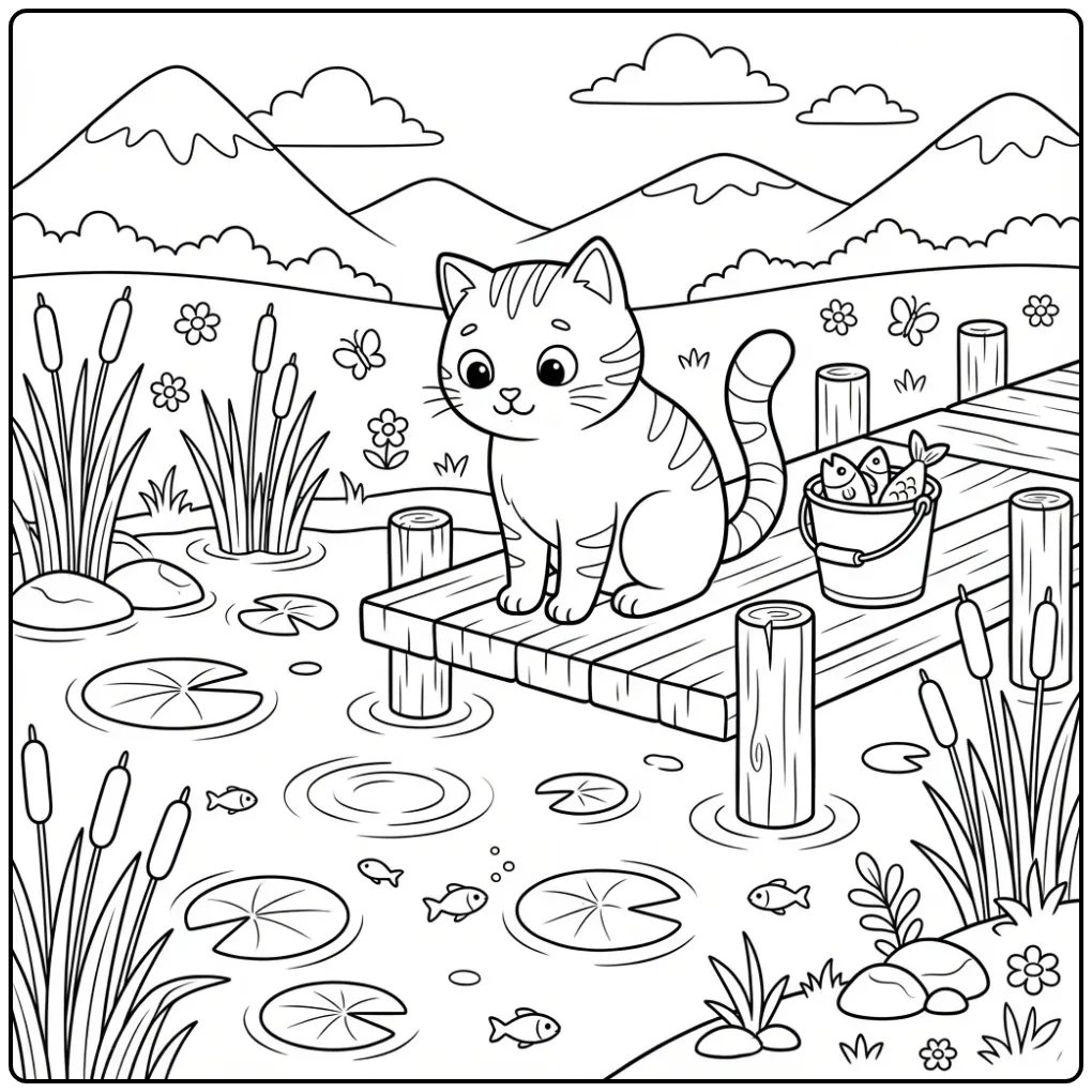 Een schattige kleurplaat kat kijkt naar lelies in de vijver.