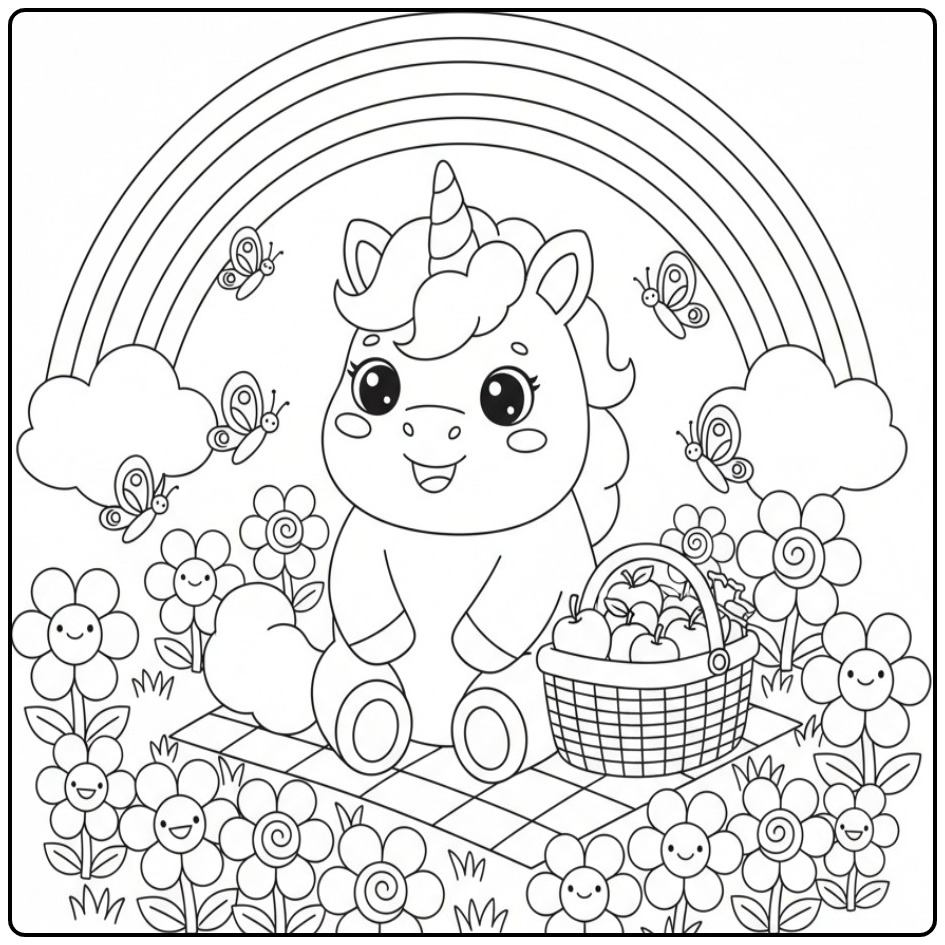 Kleurplaat kawaii chibi regenboog unicorn zittend bij een picknick.