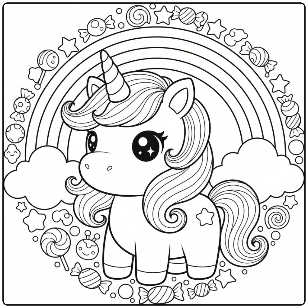 Schattige Kleurplaat kawaii chibi regenboog unicorn met snoepjes.