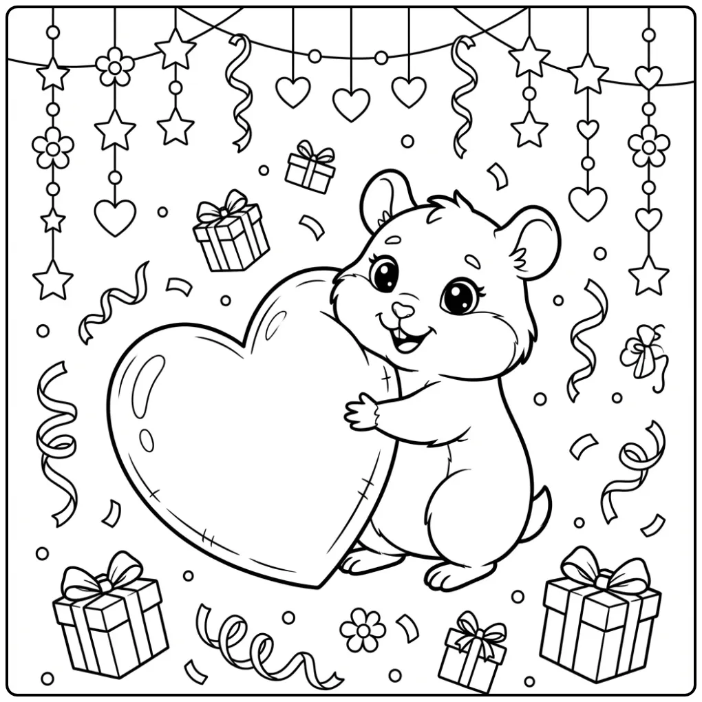 Schattige kleurplaat kawaii hamster knuffelt een groot hart.