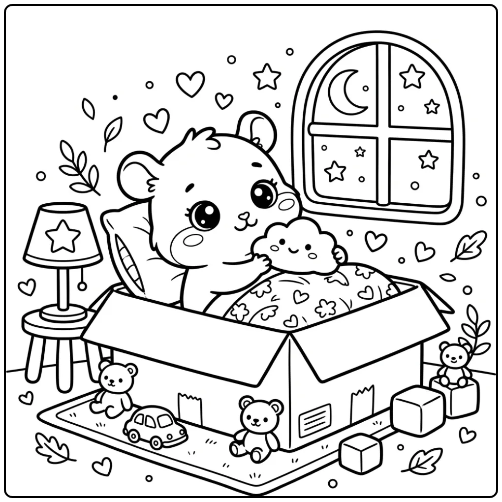 Schattige kleurplaat kawaii hamster slapend in een doosje.