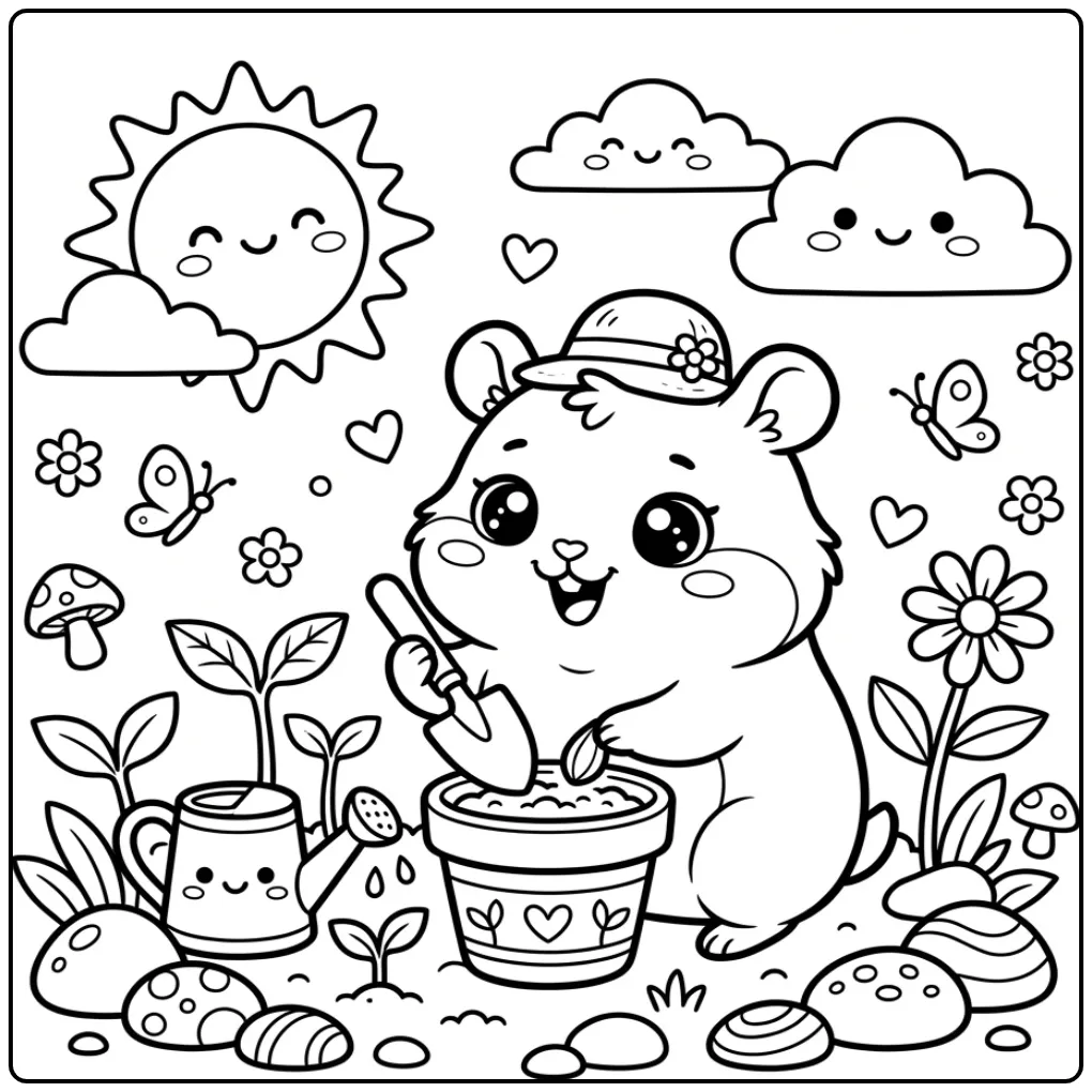 Baby kleurplaat kawaii hamster plant zaadjes in de tuin.