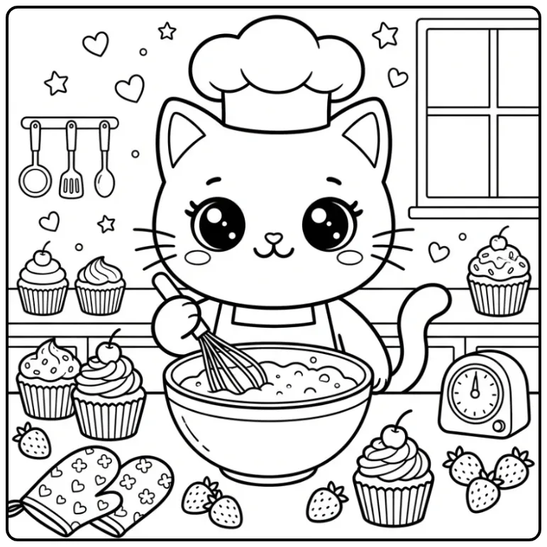 Schattige kleurplaat kawaii kat chef met beslag en cupcakes.