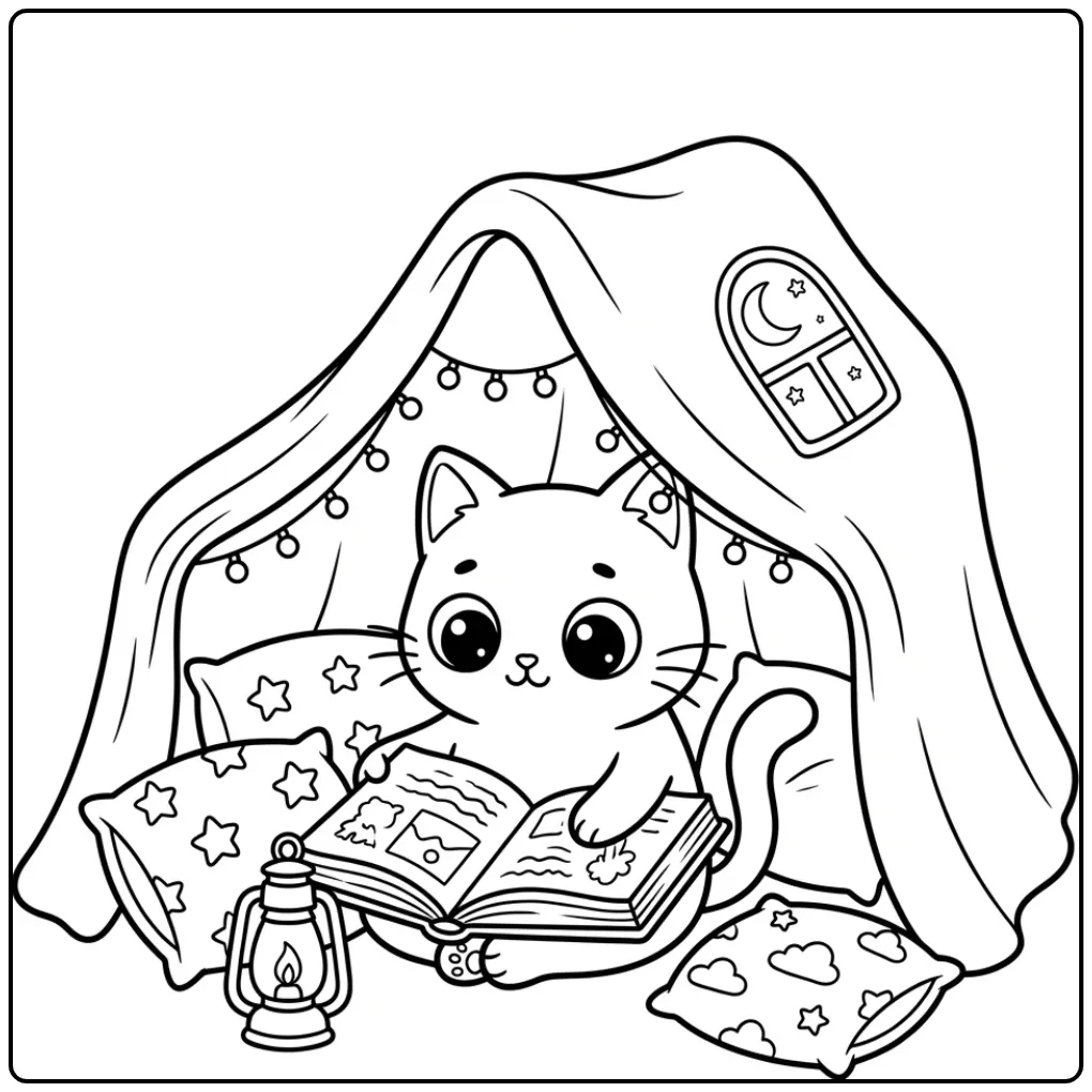 Lieve kleurplaat kawaii kat onder dekens met een boek.